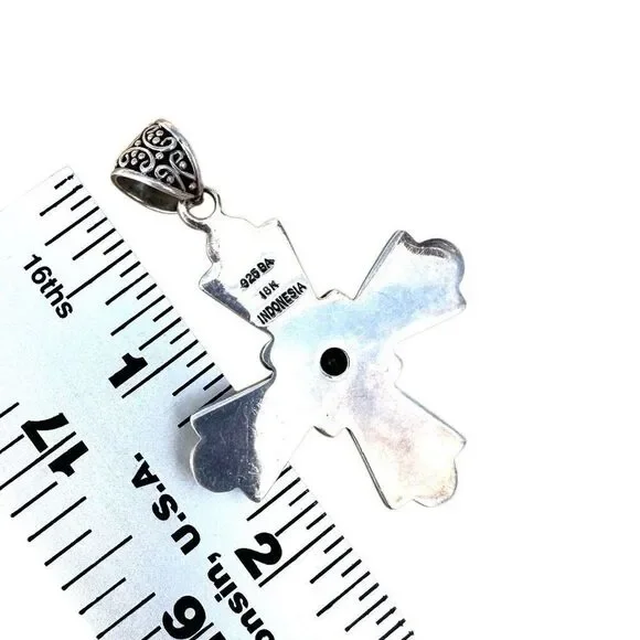 Suarti Bali Sterling Silver 18k & Blue Topaz Ornate Cross Pendant - Picture 4 of 5